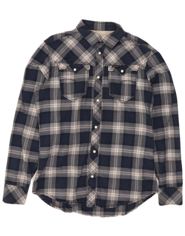 Camisa ocidental masculina G-Star de algodão xadrez azul médio