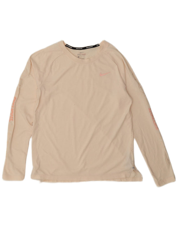 Top gráfico feminino Nike Dri Fit manga comprida UK 10 pequeno poliéster branco