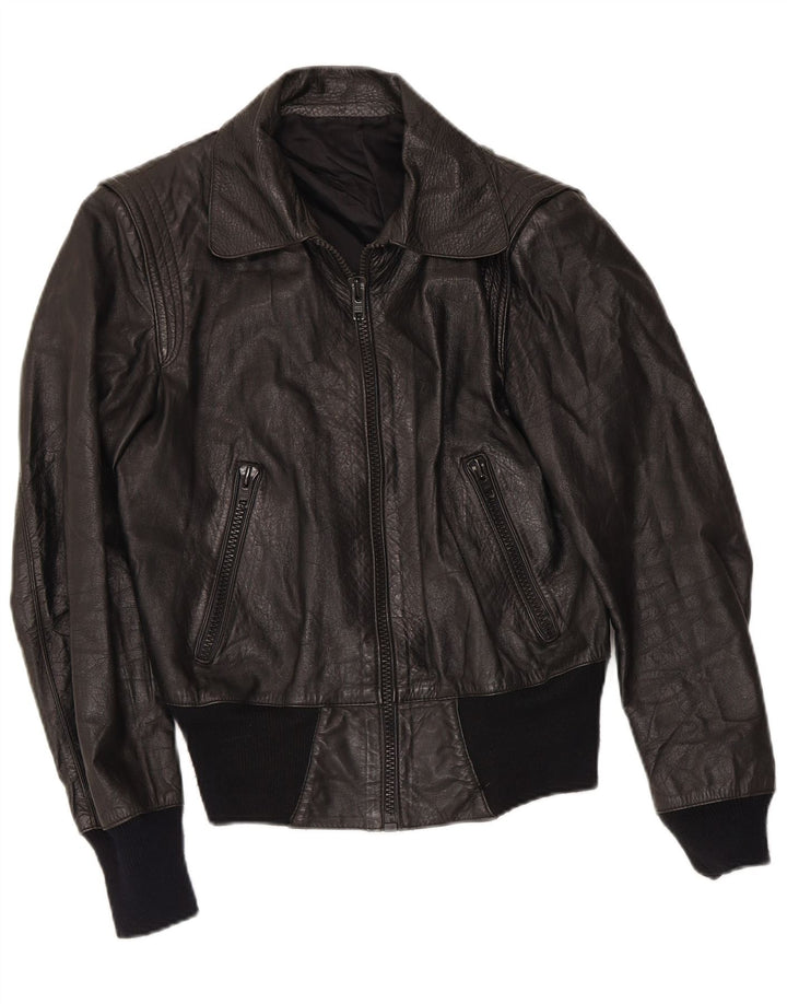 Jaqueta de couro feminina vintage UK 8 pequena preta