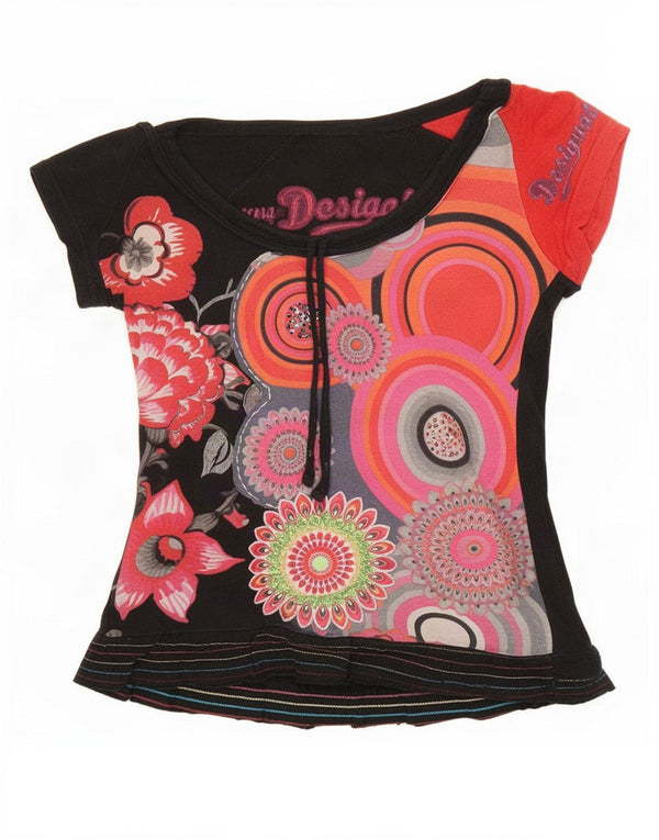Desigual Camiseta feminina gráfica Top UK 10 pequeno algodão floral preto