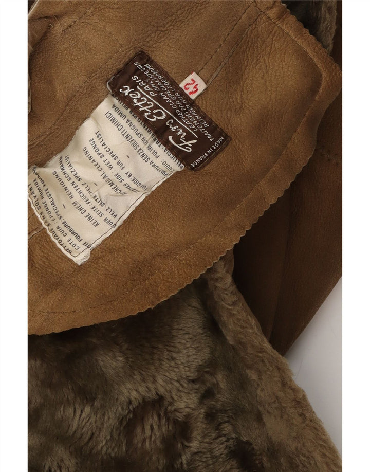 Casaco feminino vintage de shearling UE 42 grande couro marrom