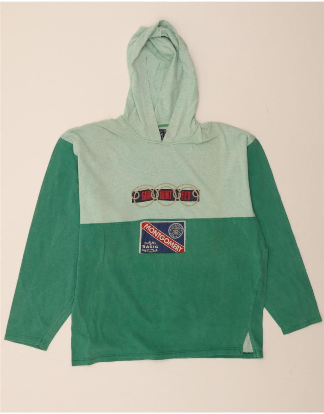 MONTGOMERY Mens Graphic Hoodie Jumper XL Green Colourblock Cotton Vintage MONTGOMERY and Second-Hand MONTGOMERY from Messina Hembry 