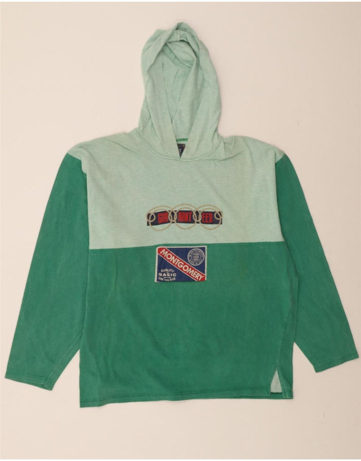MONTGOMERY Mens Graphic Hoodie Jumper XL Green Colourblock Cotton Vintage MONTGOMERY and Second-Hand MONTGOMERY from Messina Hembry 