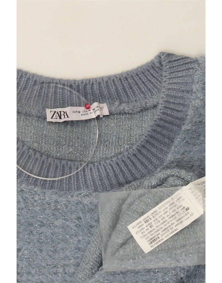 Zara Suéter feminino cropped com gola redonda Reino Unido 14 poliéster azul médio