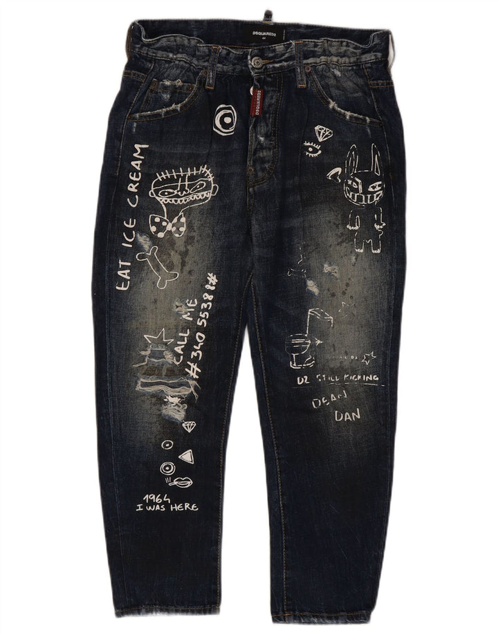 Dsquared2 Calça jeans feminina cortada gráfica IT 44 Médio W34 L23 Azul marinho