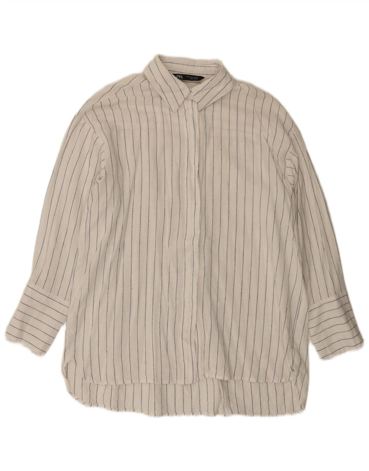 Zara Womens Longline Camisa Oversized UK 10 Pequena Risca Branca