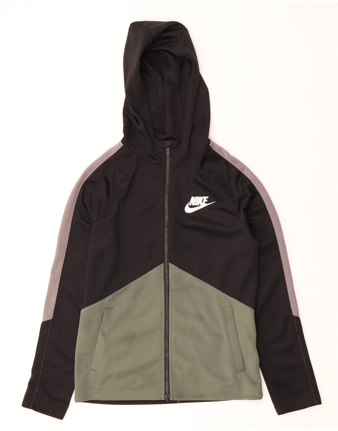 NIKE Boys Zip Hoodie Sweater 12-13 Years Large Black Colourblock Polyester