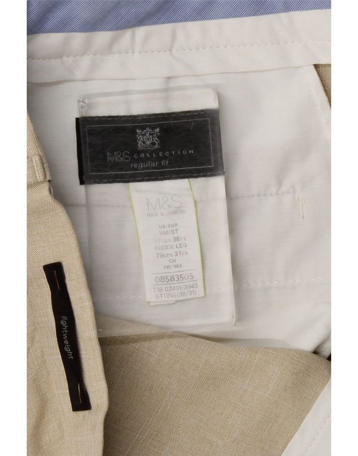 Calça masculina Marks & Spencer reta regular fit W38 L31 bege xadrez