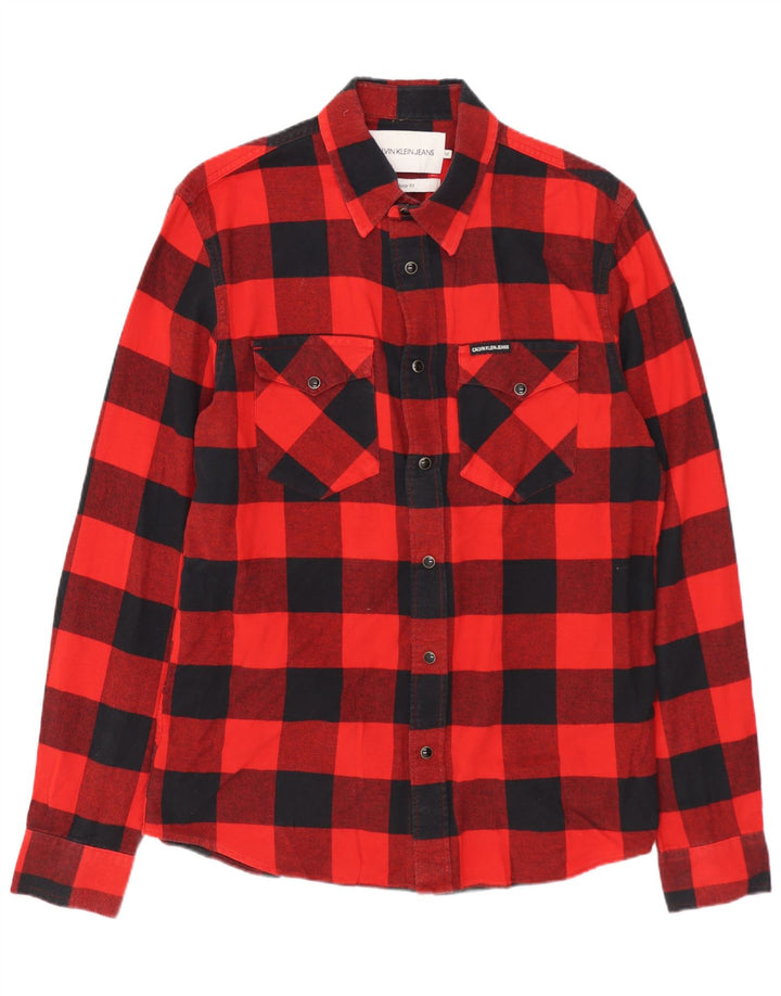 CALVIN KLEIN JEANS Camisa masculina de flanela de ajuste regular de algodão xadrez vermelho médio