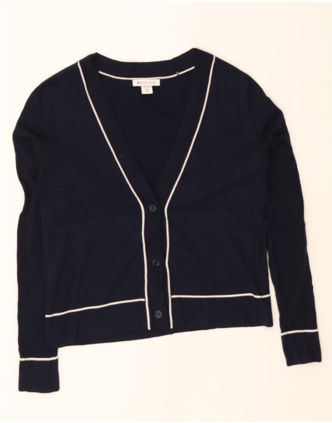 ATHLETA Womens Oversized Crop Cardigan Sweater UK 2 2XS Navy Blue Cotton Vintage Athleta and Second-Hand Athleta from Messina Hembry 