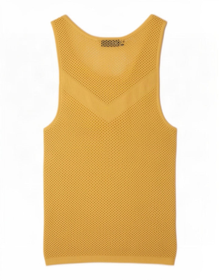 Zara Top feminino transparente com colete UK 14 grande viscose amarela