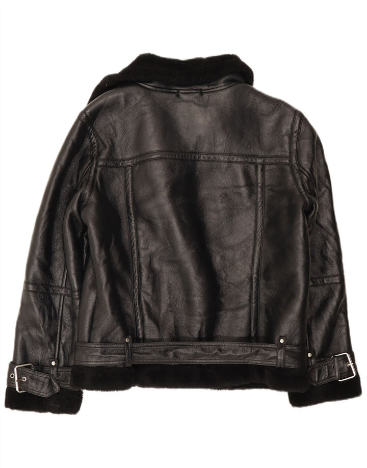 Jaqueta feminina Sherpa Biker de grandes dimensões da Topshop Reino Unido 10 pequena poliuretano preto
