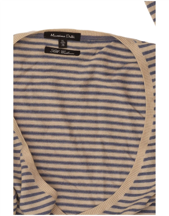 Suéter feminino MASSIMO DUTTI com decote em V Reino Unido 18 XL Caxemira listrada azul