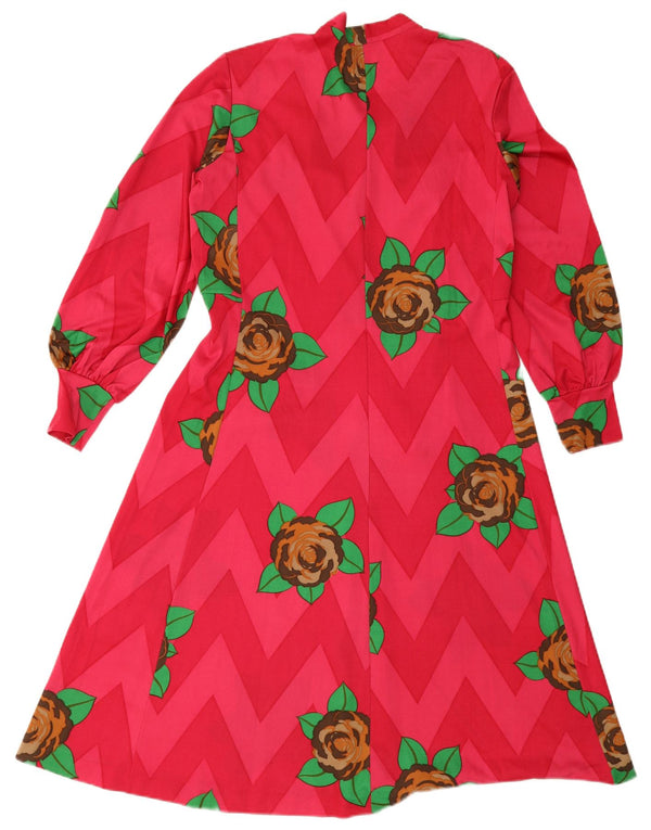 Vestido feminino vintage de manga comprida com amarração frontal em linha A Reino Unido 12 médio rosa floral