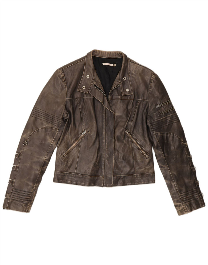 Jaqueta feminina vintage de couro cropped IT 42 marrom médio