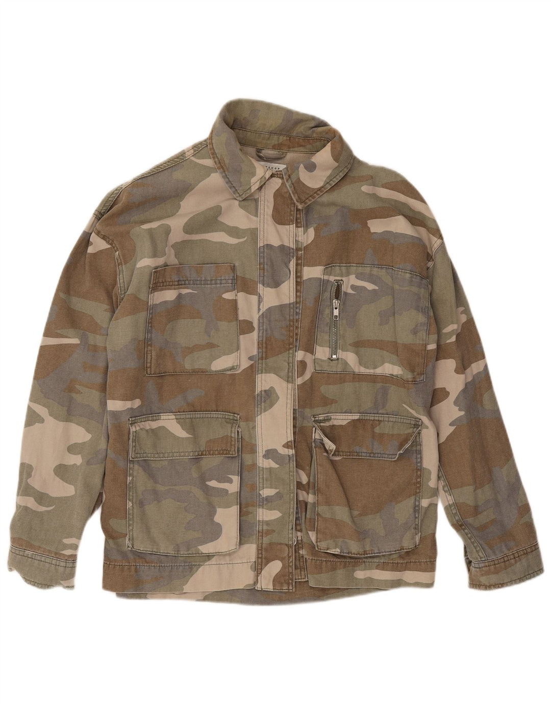Jaqueta utilitária feminina superdimensionada Topshop Reino Unido 10 algodão camuflado cáqui pequeno