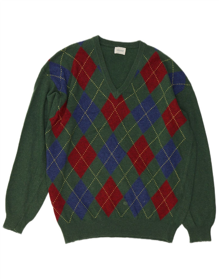 Suéter masculino BENETTON com decote em V verde médio Argyle/lã diamante