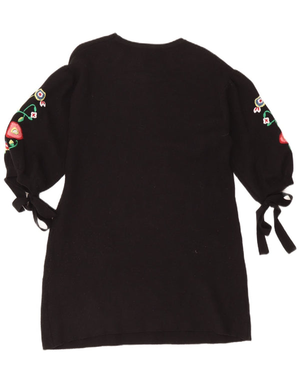 Vestido feminino Zara manga 3/4 linha A UK 14 médio preto floral viscose