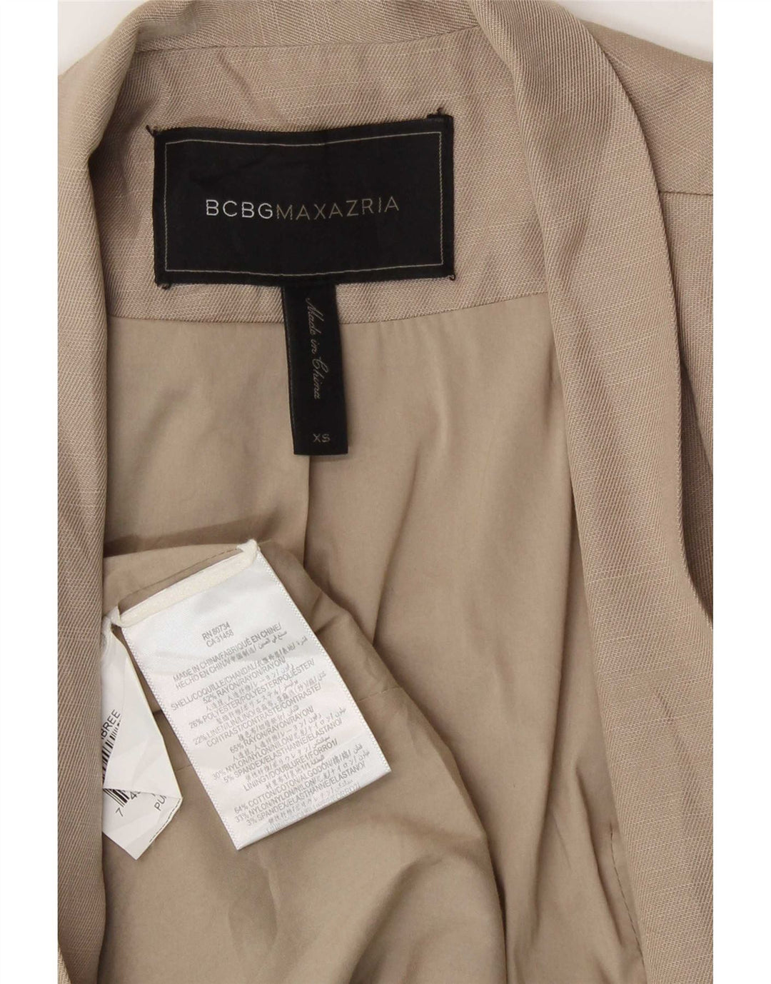 Jaqueta blazer feminina assimétrica aberta BCBGMAXAZRIA Reino Unido 6 XS bege rayon