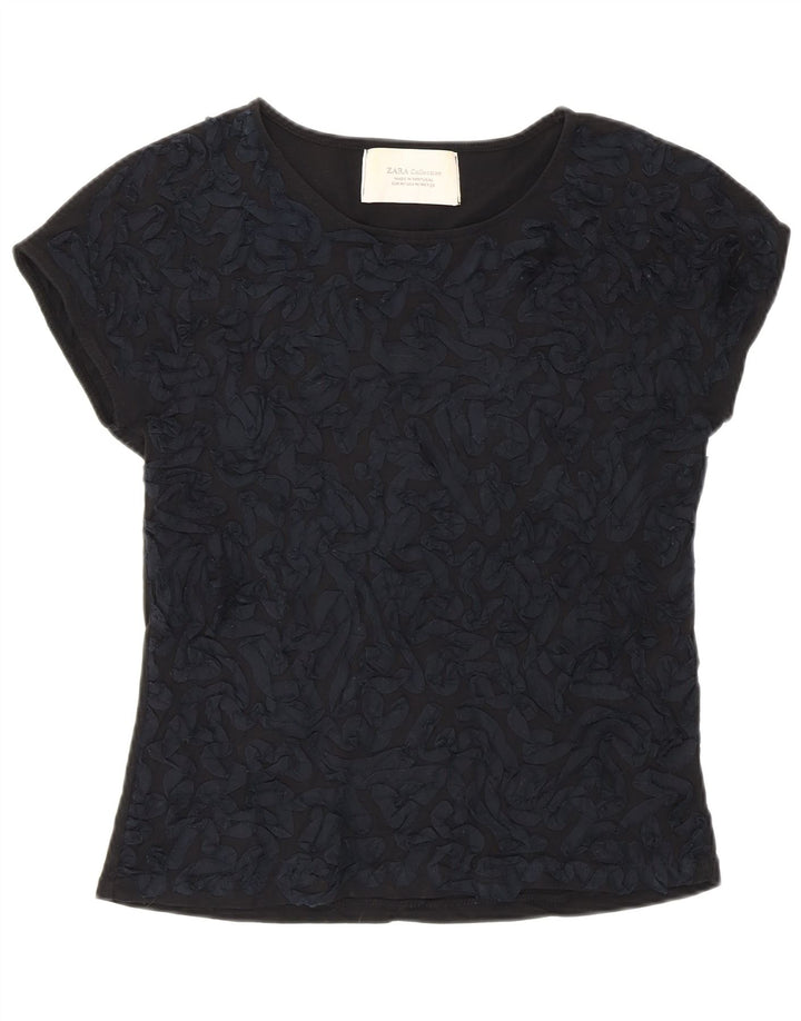 Camiseta feminina Zara com padrão abstrato Reino Unido 12 algodão preto médio
