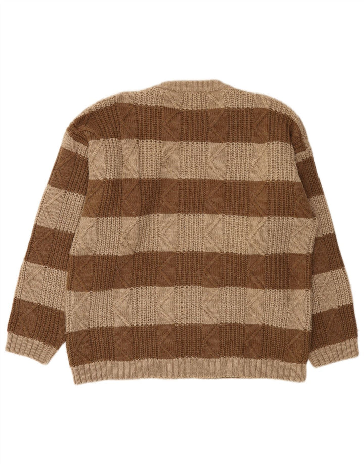 Suéter vintage masculino com gola redonda grande listrado marrom