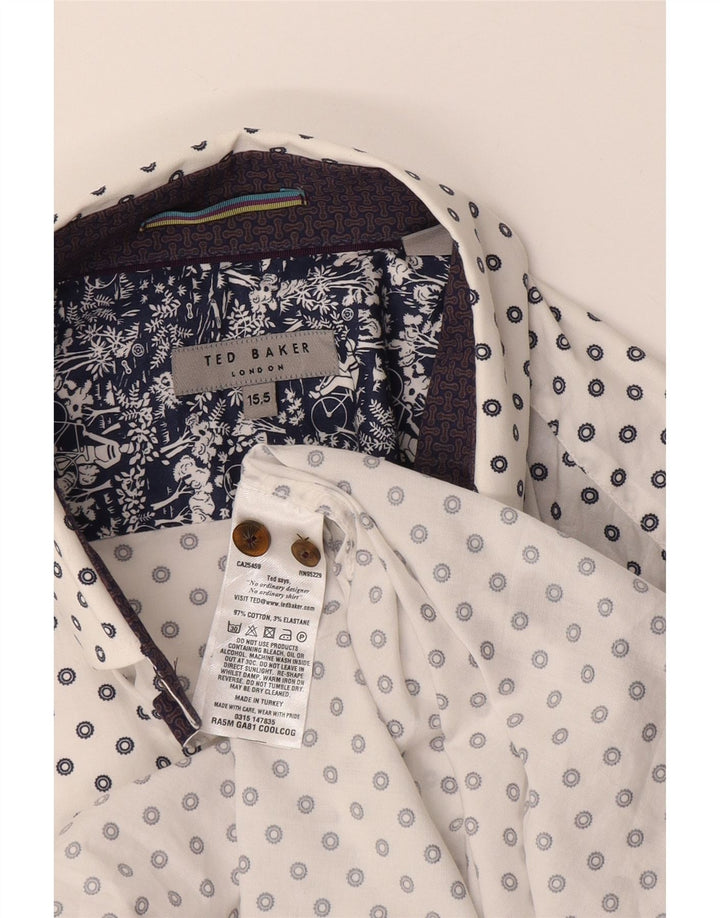 Camisa masculina Ted Baker tamanho 15 1/2 algodão geométrico branco médio