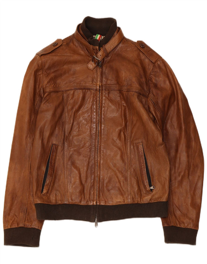 Jaqueta de couro militar masculina vintage UK 36 pequena marrom