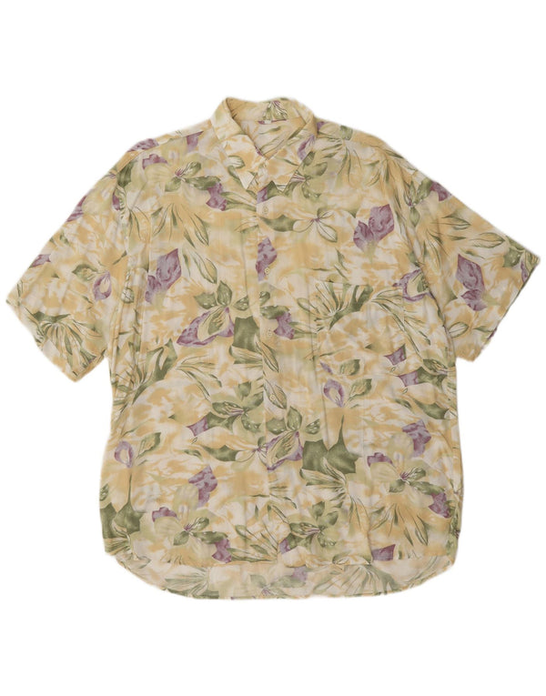 Camisa masculina vintage de manga curta grande viscose floral bege