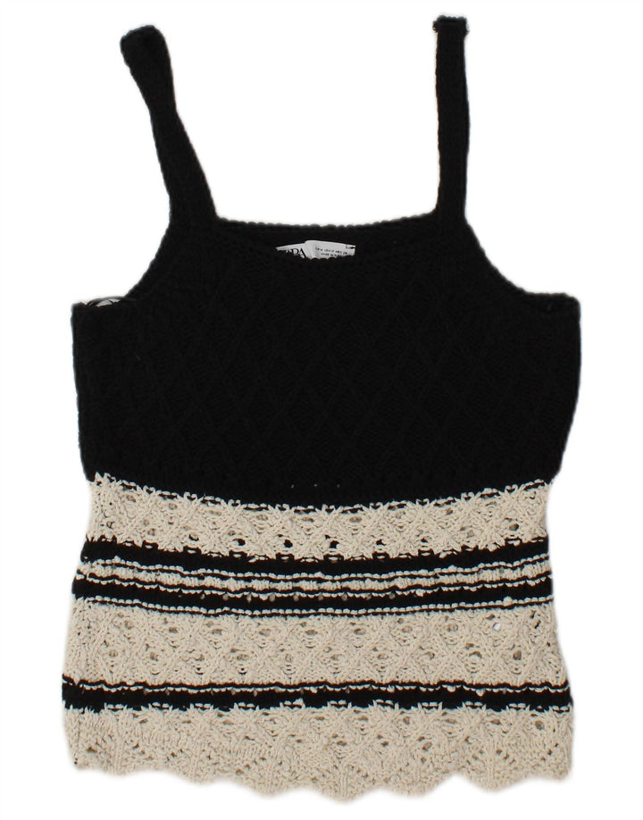 Top feminino de malha Zara UK 12 algodão colorblock preto médio