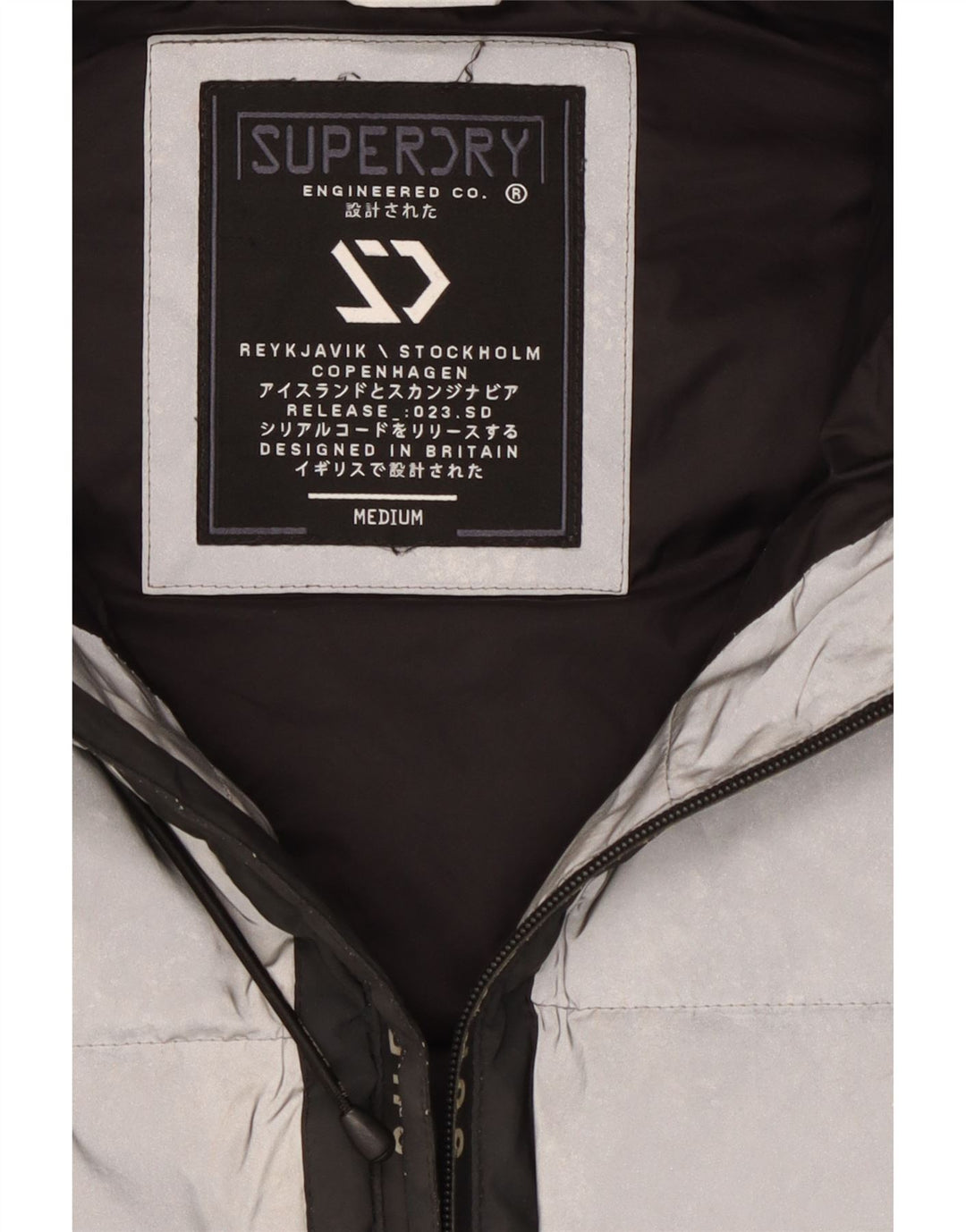 Jaqueta acolchoada masculina Superdry com capuz gráfico Reino Unido 38 bloco colorido prateado médio