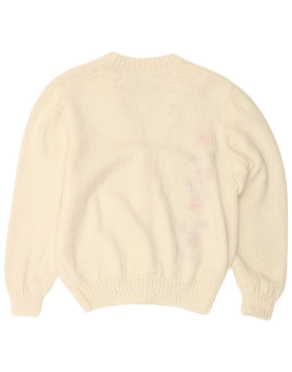 Suéter cardigã feminino VINTAGE Reino Unido 16 grande branco floral
