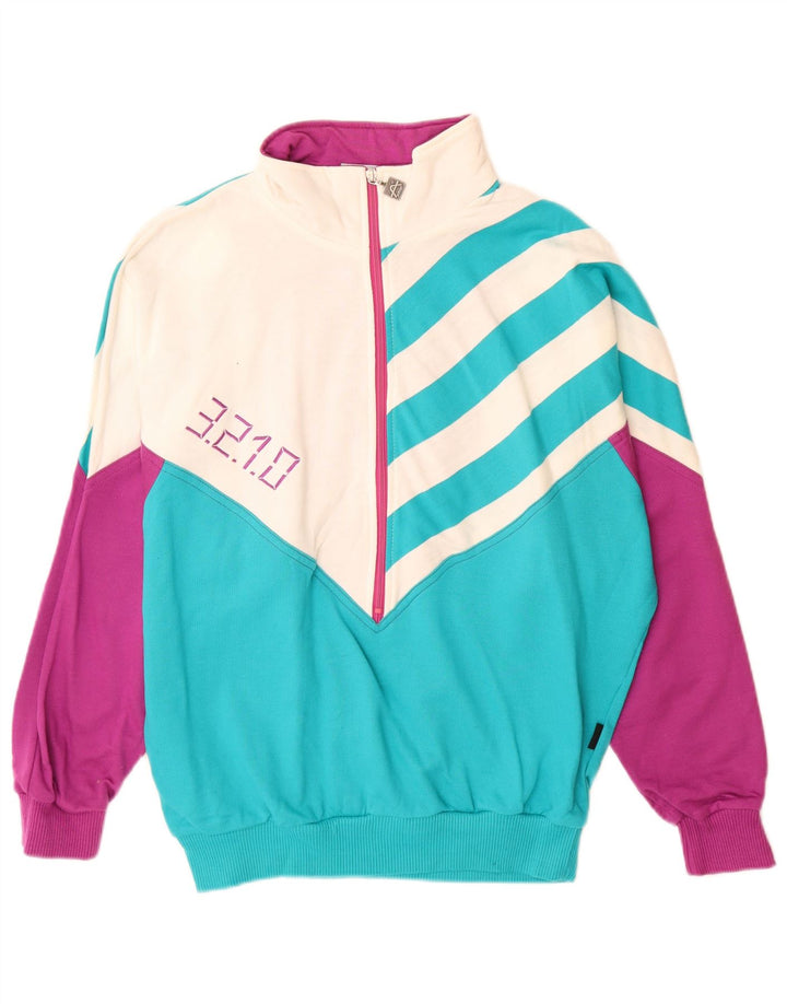 Suéter gráfico feminino vintage UK 12 bloco colorido azul médio