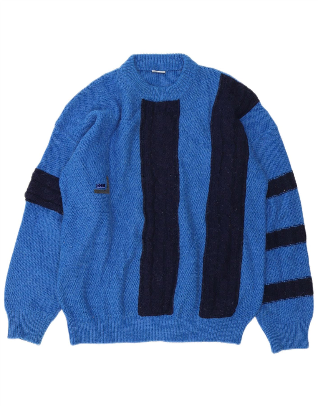 Suéter vintage masculino com gola redonda IT 52 grande bloco colorido azul