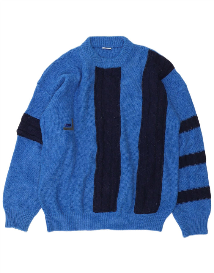 Suéter vintage masculino com gola redonda IT 52 grande bloco colorido azul