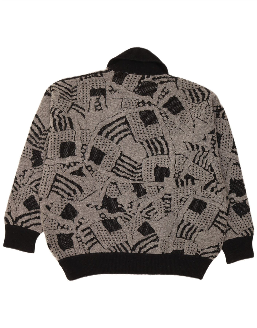 Suéter feminino VINTAGE com gola xale UK 16 grande cinza geométrico