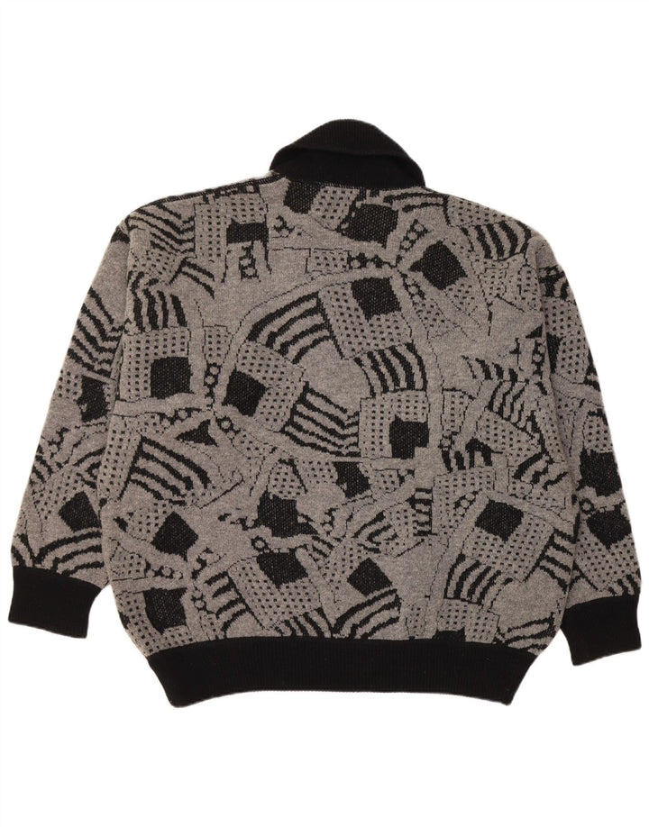 Suéter feminino VINTAGE com gola xale UK 16 grande cinza geométrico