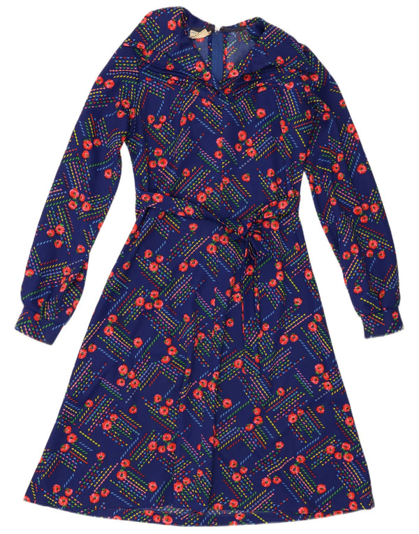 Vestido vintage feminino manga comprida linha A UK 14 azul médio floral