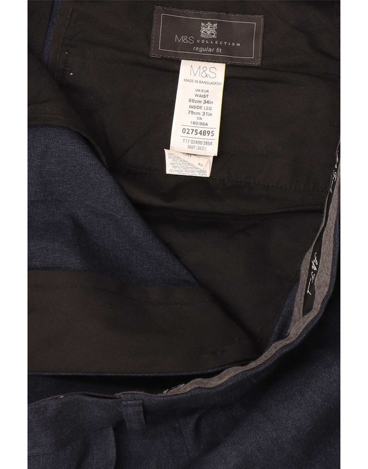 Calça masculina de ajuste regular Marks & Spencer W34 L31 azul marinho poliéster