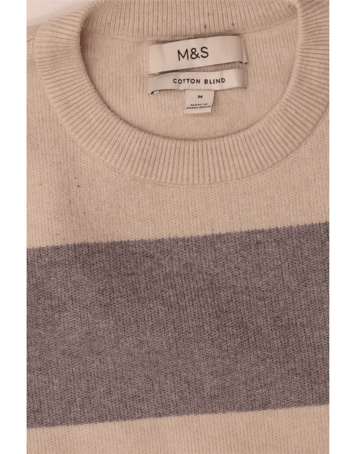 Suéter feminino Marks & Spencer com gola redonda UK 14 listrado bege médio