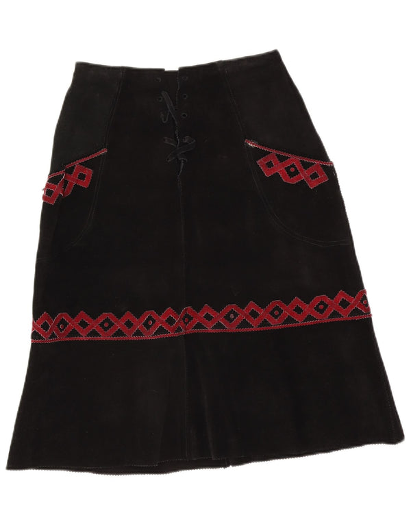 Saia midi feminina vintage de camurça W28 média preta geométrica