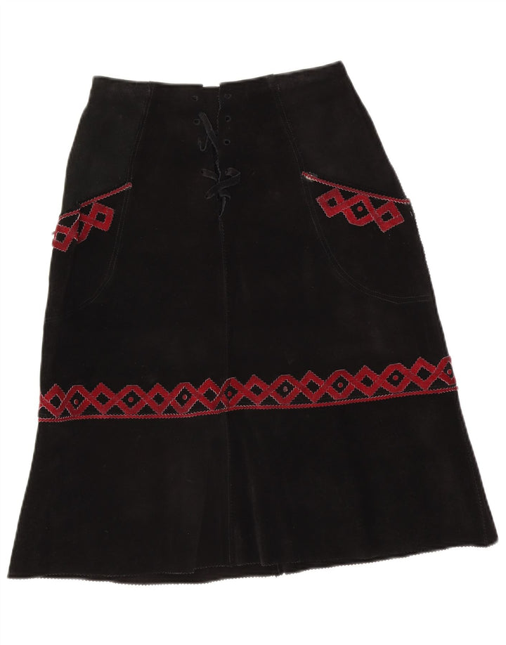 Saia midi feminina vintage de camurça W28 média preta geométrica