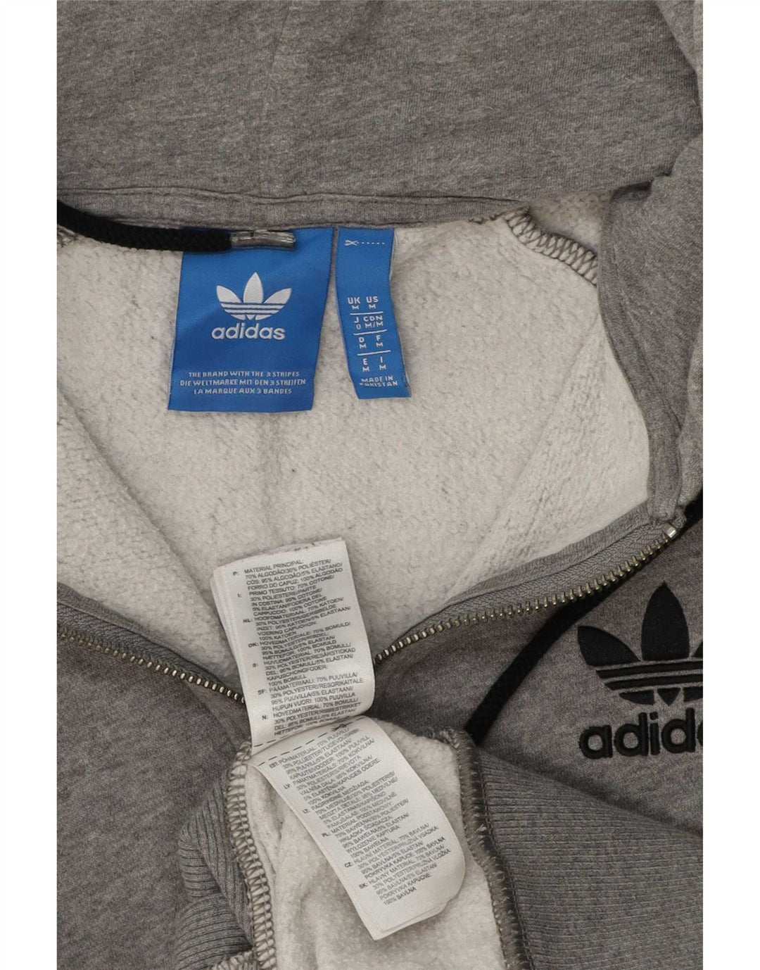 Suéter masculino Adidas com capuz e zíper cinza médio algodão manchado
