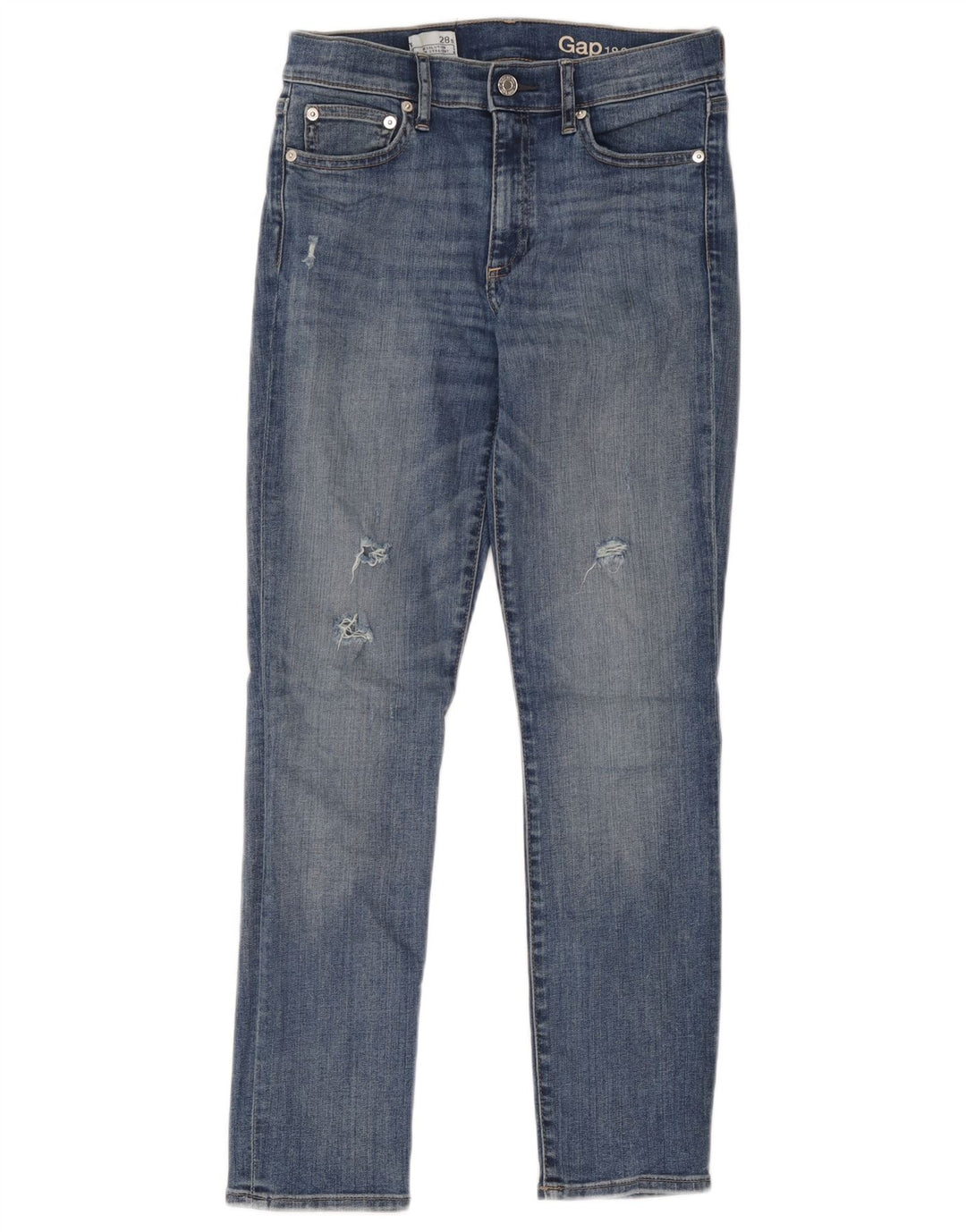 Gap feminino jeans reto slim desgastado W28 L28 algodão azul