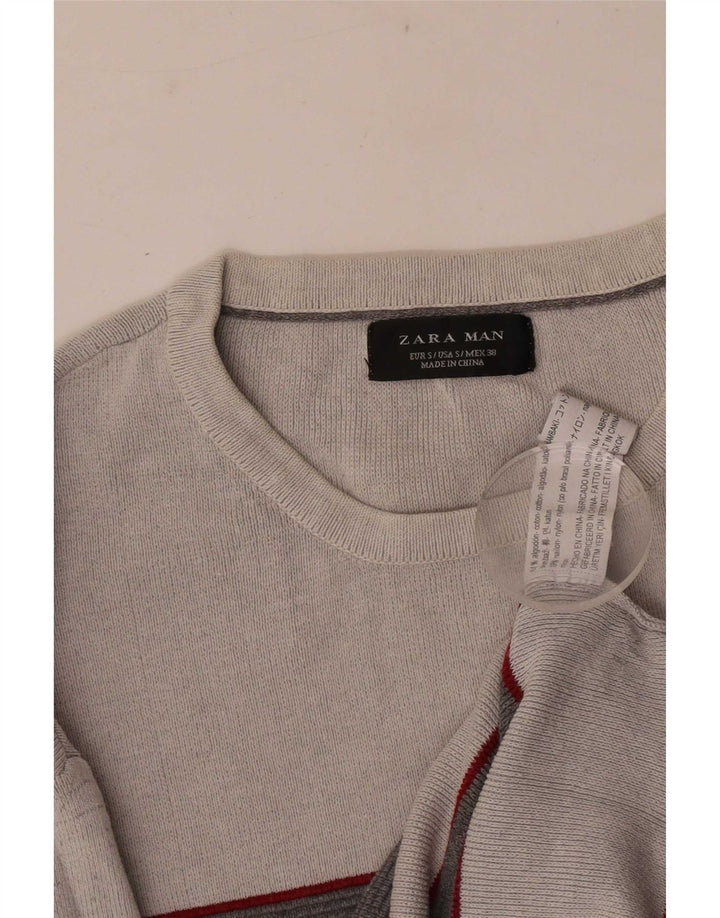 Zara Suéter masculino com gola redonda e algodão listrado cinza pequeno