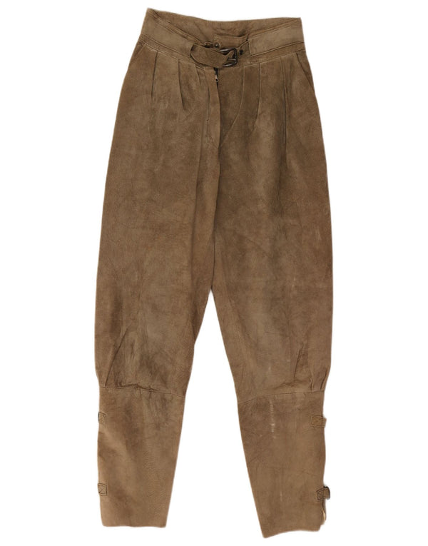 Calça feminina vintage de camurça com peg EU 36 pequena W26 L27 couro bege