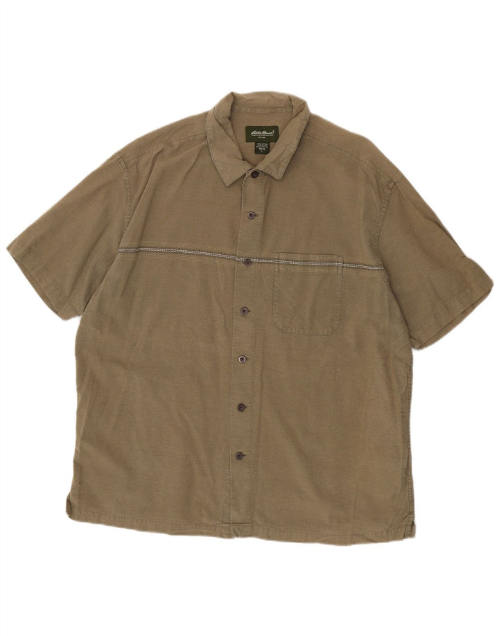 EDDIE BAUER Camisa masculina de manga curta grande cáqui algodão listrado