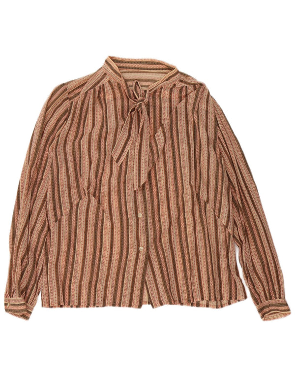 Blusa feminina vintage com gravata frontal Reino Unido 16 grande listrada marrom