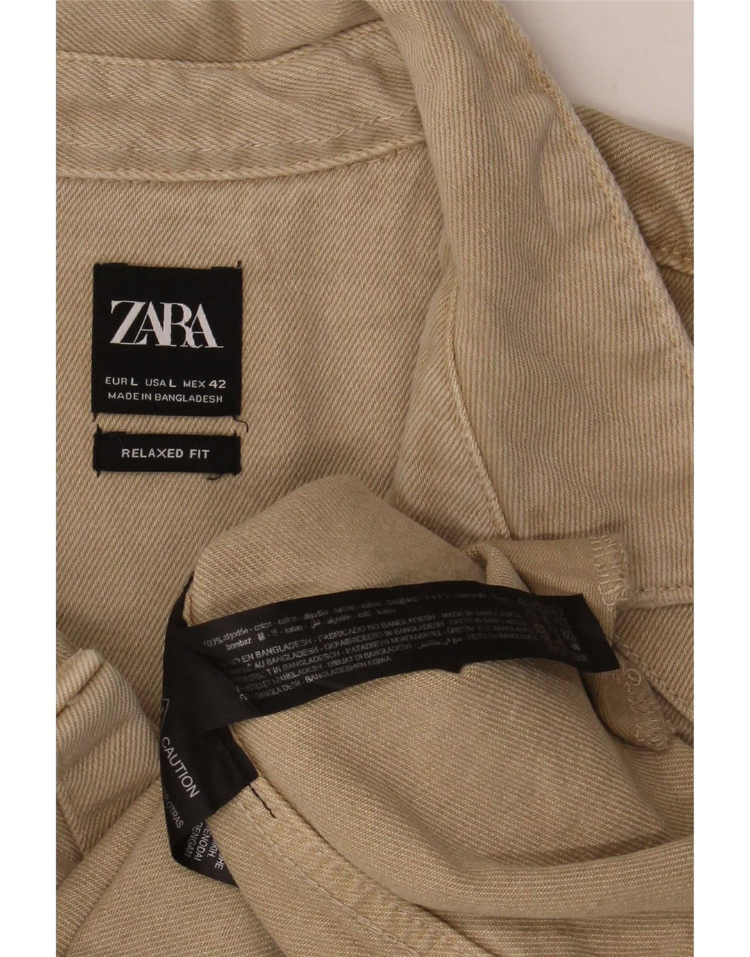 Camisa jeans masculina Zara com ajuste relaxado e desgastado grande algodão bege