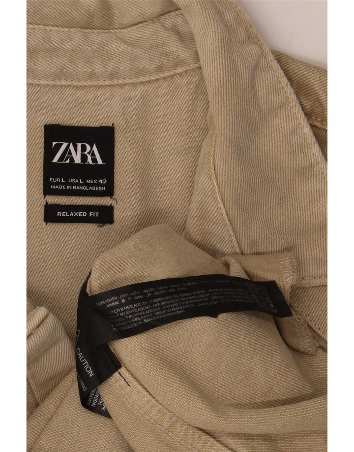 Camisa jeans masculina Zara com ajuste relaxado e desgastado grande algodão bege