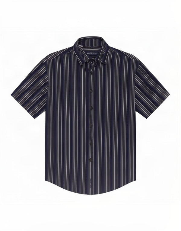 Camisa masculina de manga curta Ben Sherman pequena listrada azul marinho de algodão